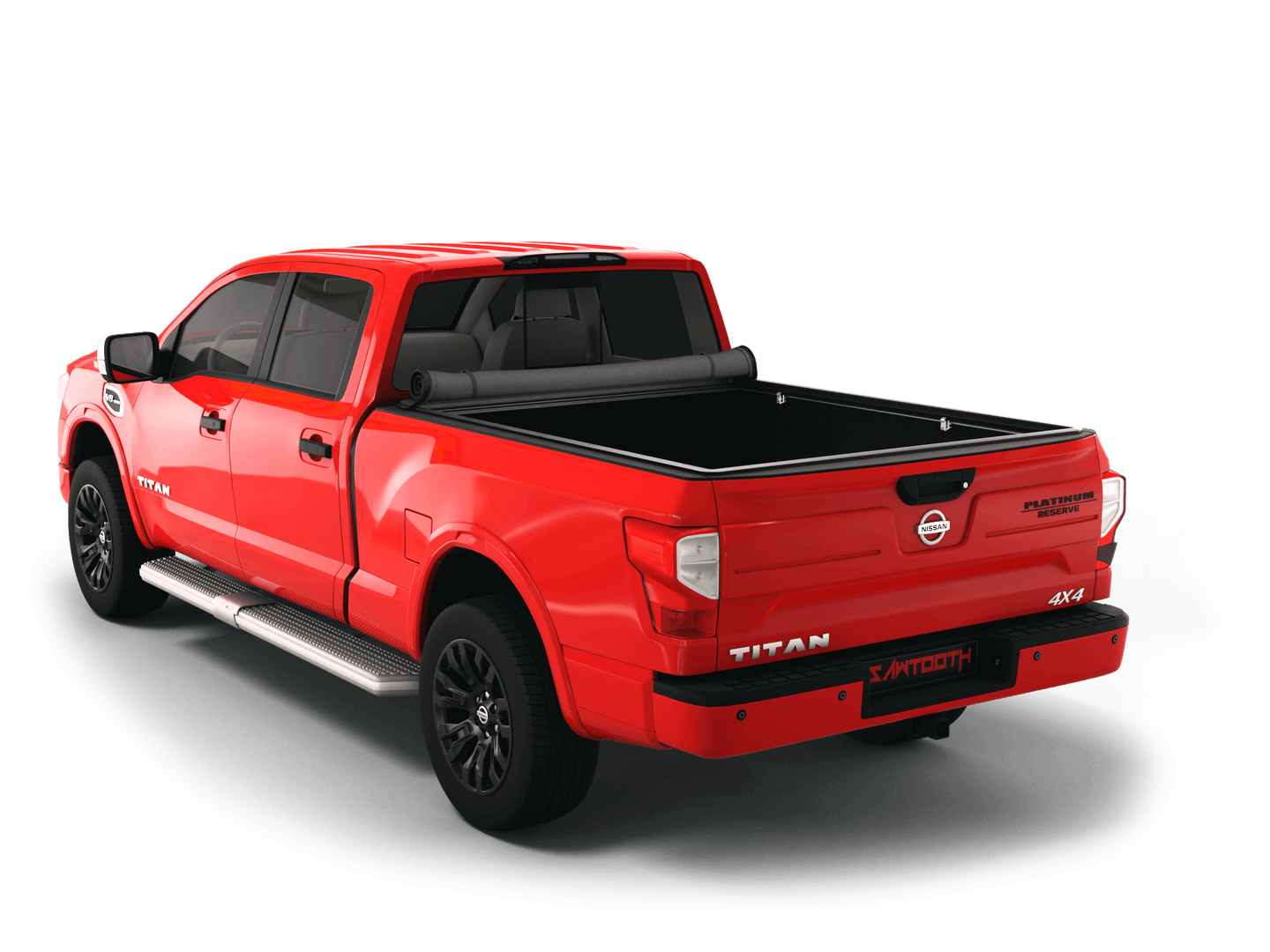 Red Nissan Titan with Sawtooth Stretch expandable soft roll up tonneau cover with ladder and open tailgate
